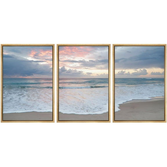IDEA4WALL Framed Canvas Print Wall Art Set of 3 Serene Beach Sunset Ocean and Sky Landscape Modern Art Wall Decor Nature Scenery Sea Wave Prints Minimal Artwork For Home Decor - Natural 24"x36"x3