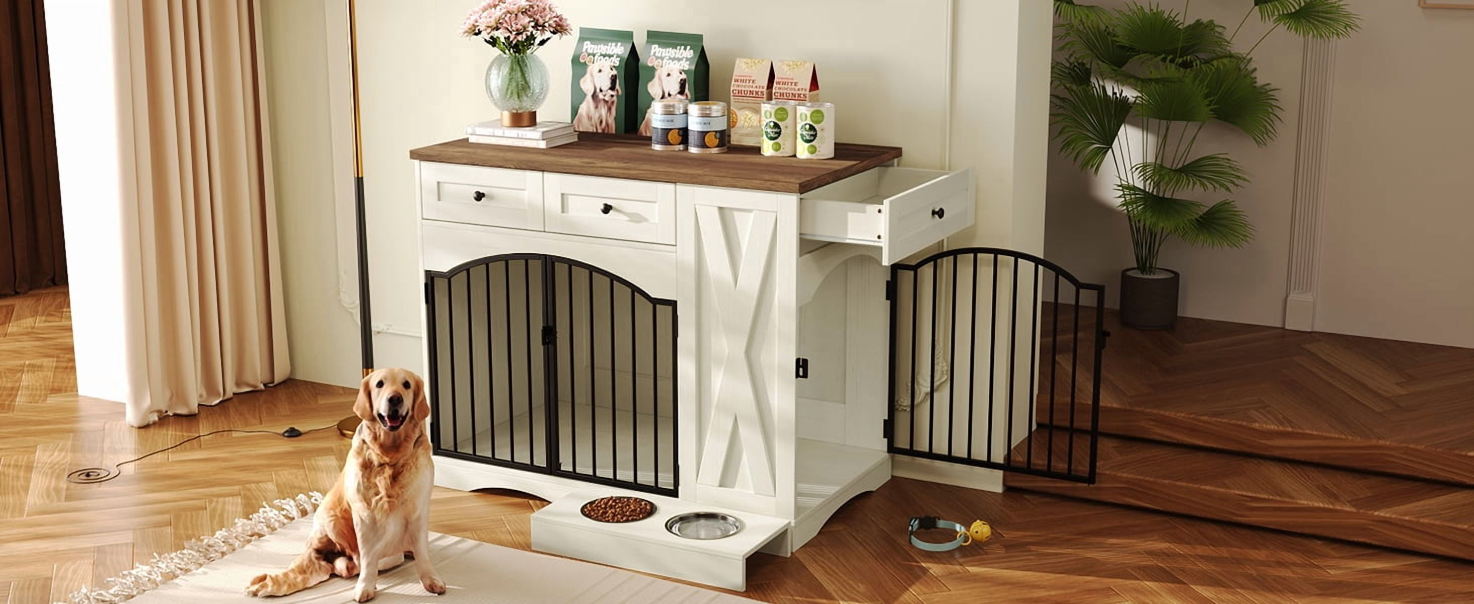Mintazer 43.3" Farmhouse End Table Dog Crate Furniture & 2 Doors, Indoor Pet Kennel with 3 Storage Drawers & Detachable Feeder Tray, Dog Cage End Table for Medium Large Dogs, Beige & White