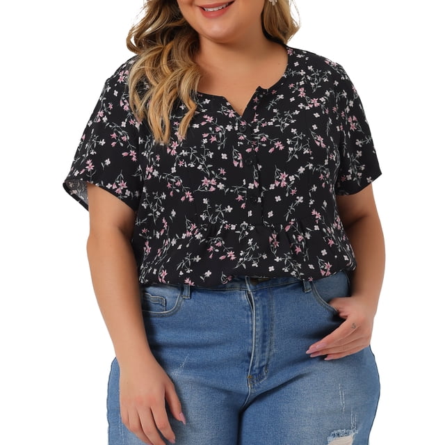 Blusas casuales de mujer en tallas grandes Agnes Orinda, con peplum, estampado floral, media tapeta y mangas cortas, 2X, negro