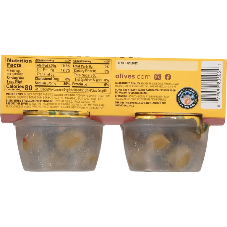 Pearls Pimiento Stuffed Spanish Green Olives, 4 Pack, 1.6 oz. Cup