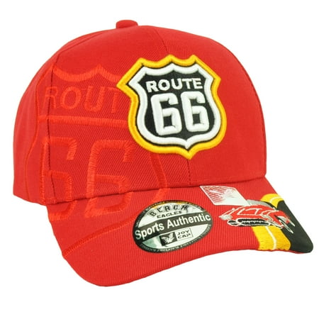 Route 66 Hot Rod - Route 66 Mother Road Red Hat Cap Classic Car Highway Adjustable Curved Bill