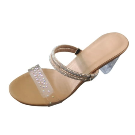 

high heels for Women Women Shoes Summer Fashion Transparent Strap Rhinestone Sandals Crystal Chunky Heels Sandals PU heeled sandals Beige