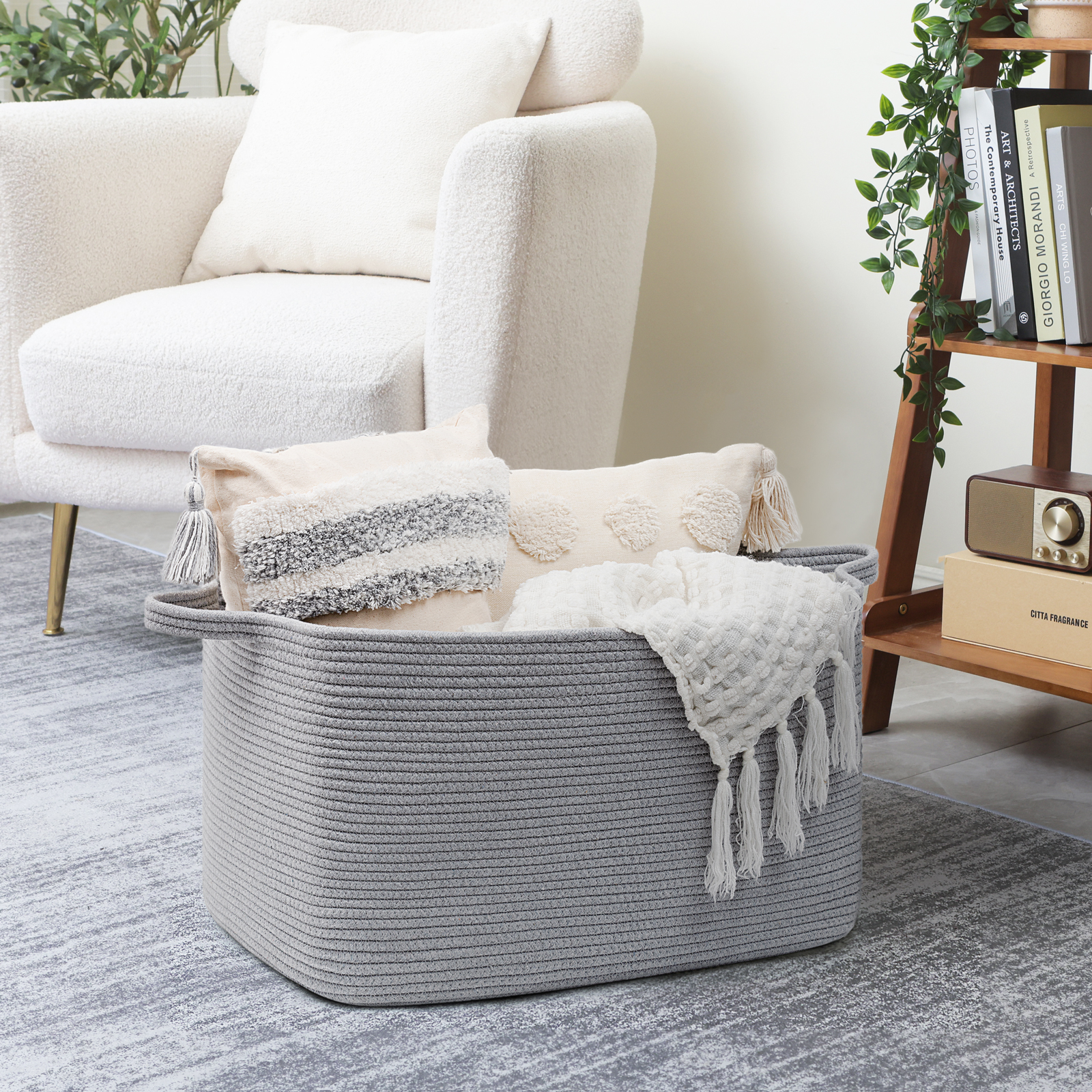 TIMEYARD Large Blanket Basket, 21.6" x 14.9" x 11.8" Rectangle Woven Baskets for Storage-Gray