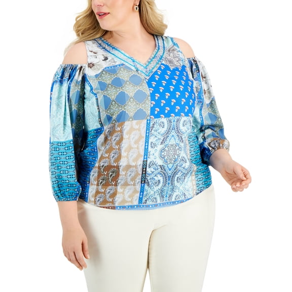JM Collection Plus Size Cold Shoulder 3/4 Sleeve Top Deep Cobalt Combo 1X