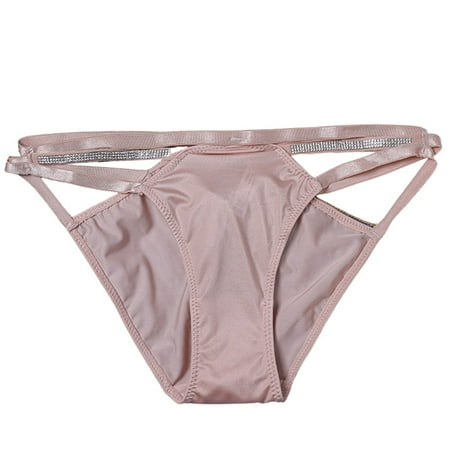 BYHONG Sexy Pure Ice Silk Hollow Rhinestone Thin Strap Low Waist Lifting Seamless Briefs Panties for Women Pink L