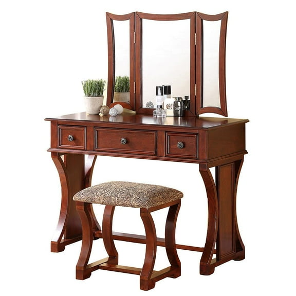 Modish Vanity Set Featuring Stool And Mirror Cherry Brown - Saltoro Sherpi