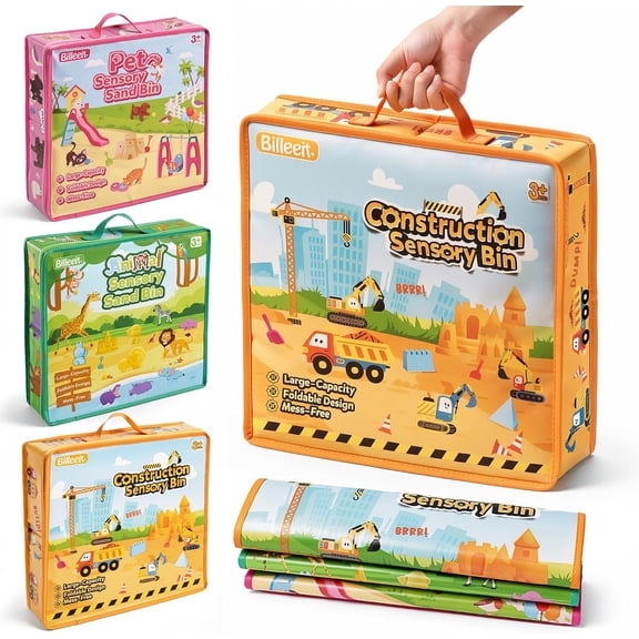Billeeit 3 Pack Printed Foldable Sensory Bins with Zipper Lid & Carry Handle, 15 Inch Portable Stackable Sand Play Storage Bin for Kids 3 , Indoor Craft & Outdoor Beach Lawn Toy Container