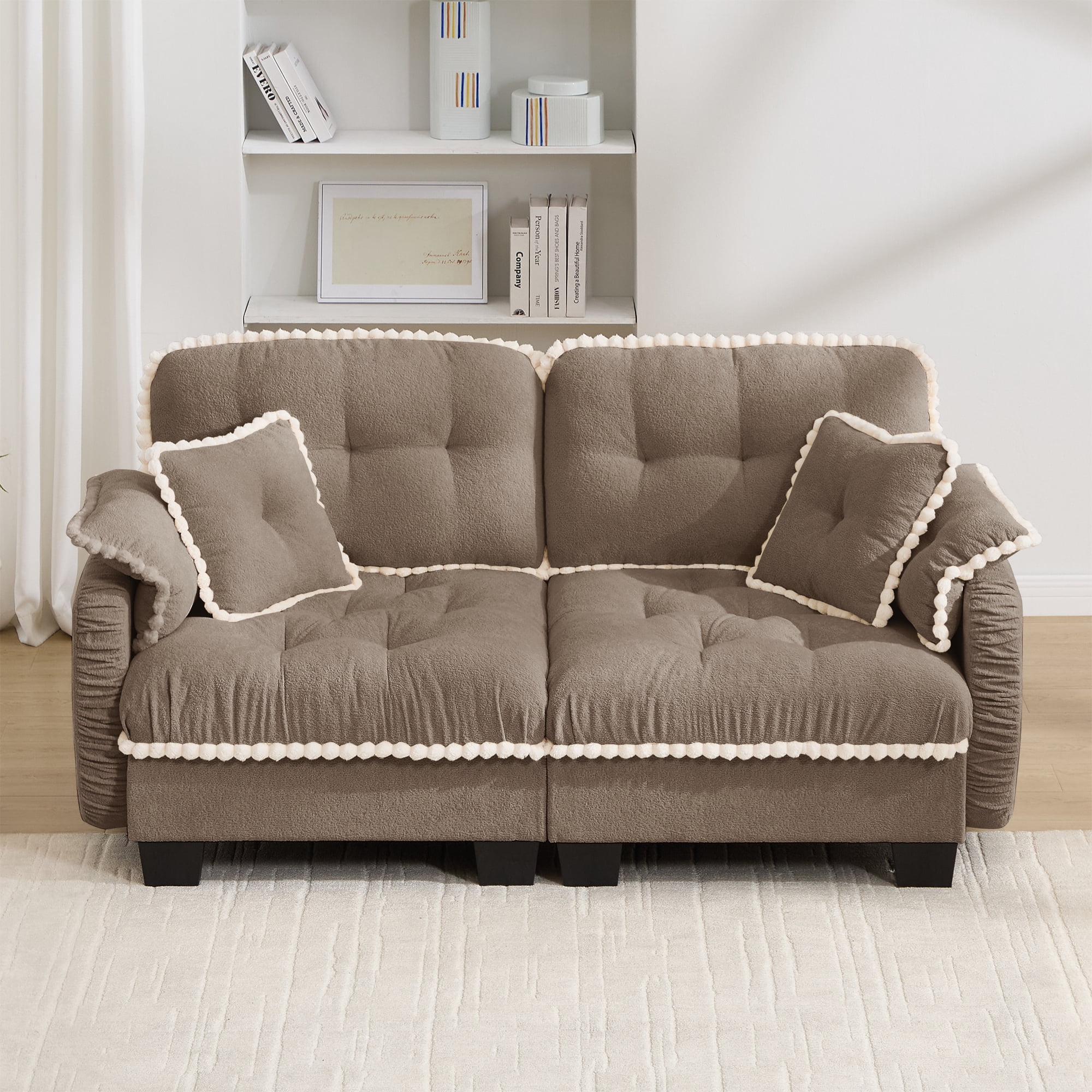 Anpport 70" Chenille Cloud Loveseat with 4 Pillows, Pom‑Pom Trim, Quilted Tufted Ergonomic, Easy Assembly Deep Seat for Living Room Apartment, Brown