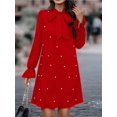 thumbnail image 4 of Women'S Pearl Beaded Tie Neck Long Sleeve Casual Work Short Dress Red XL, 4 of 9