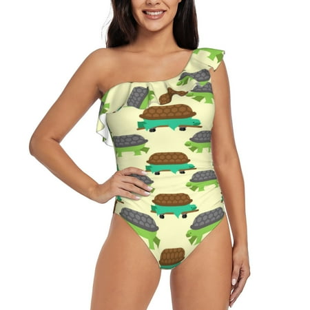 Qokaie Turtle On Skateboard Print Women s One Piece Swimsuits Tummy Control Bathing Suits Asymmetric One Shoulder Swimwear-