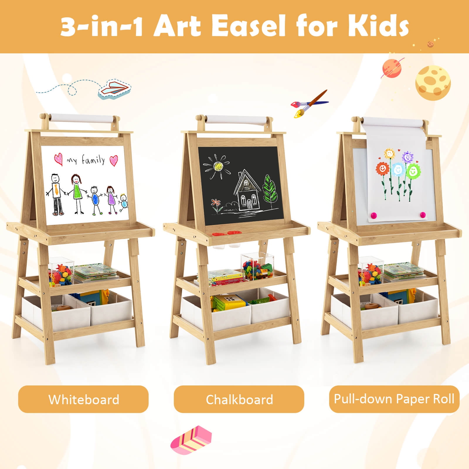Costway Kids Art Easel Double Sided Chalkboard Magnetic Whiteboard with Storage Tray Pink Natural