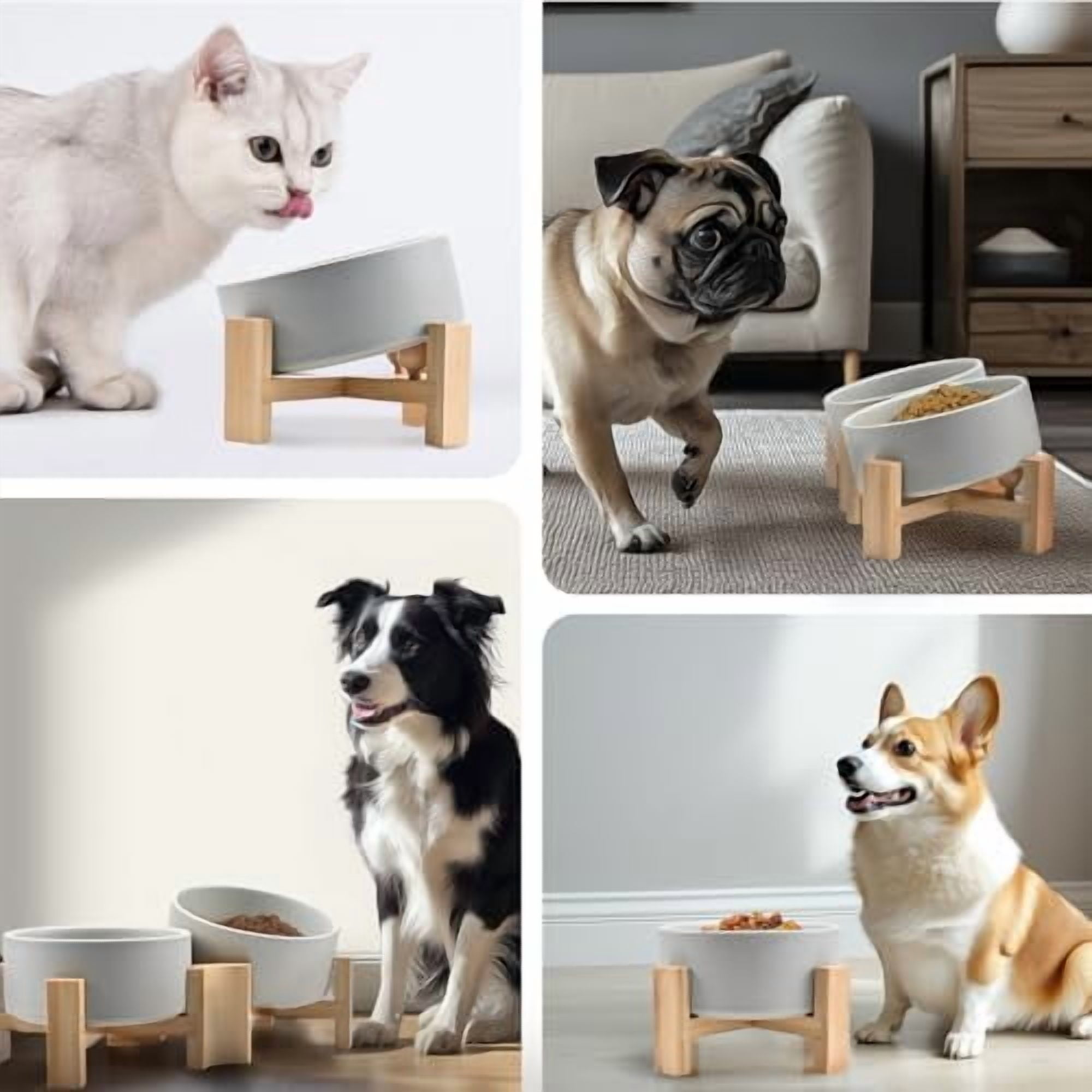 15° Slanted Ceramic Dog and Cat Bowl with Wooden Stand, Tilted Bulldog Food and Water Bowl No Slip Non-Spill for Cats Medium Dogs Big Face Pets 13.5 OZ (1.7 Cups, Grey × 2)