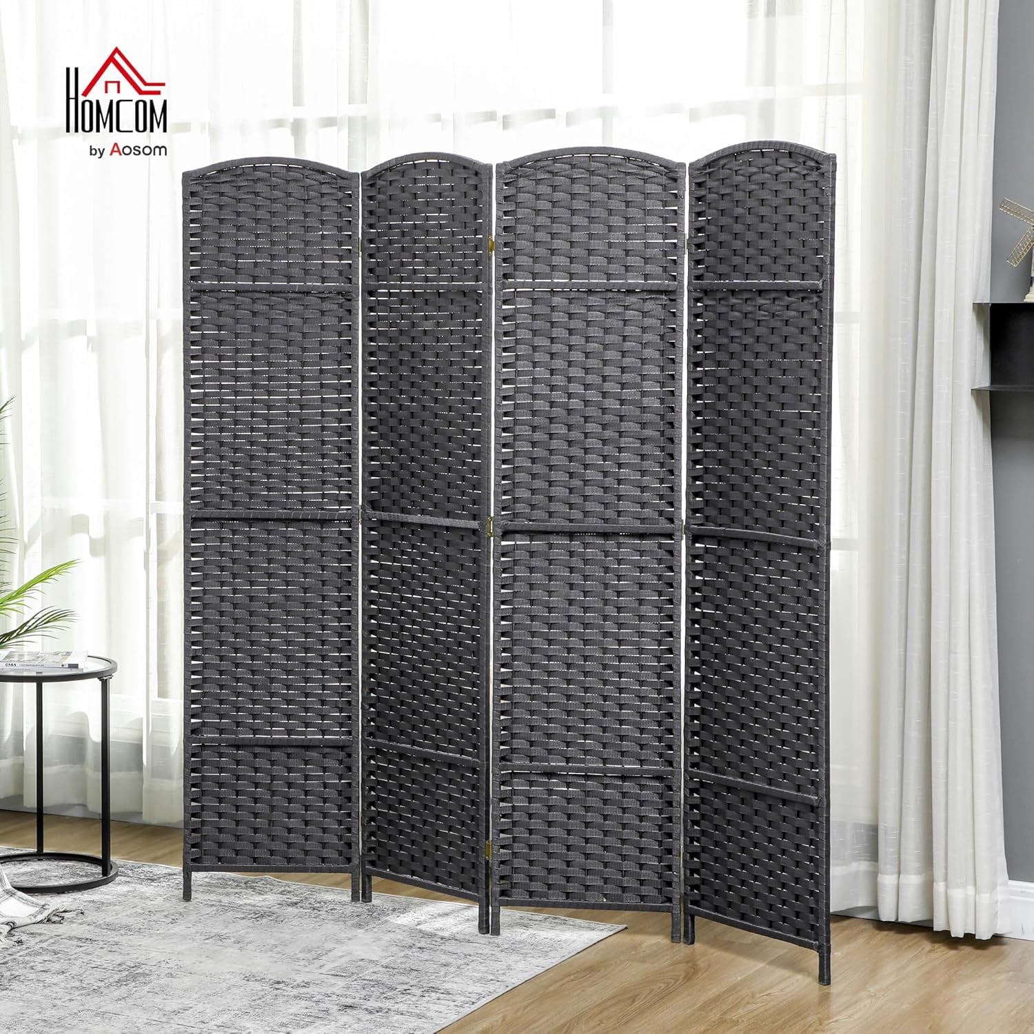 FeGemax Room Divider, 4 Panel Folding Privacy Screen, 5.6' Tall Freestanding Partition for Home Office, Bedroom, Charcoal Gray