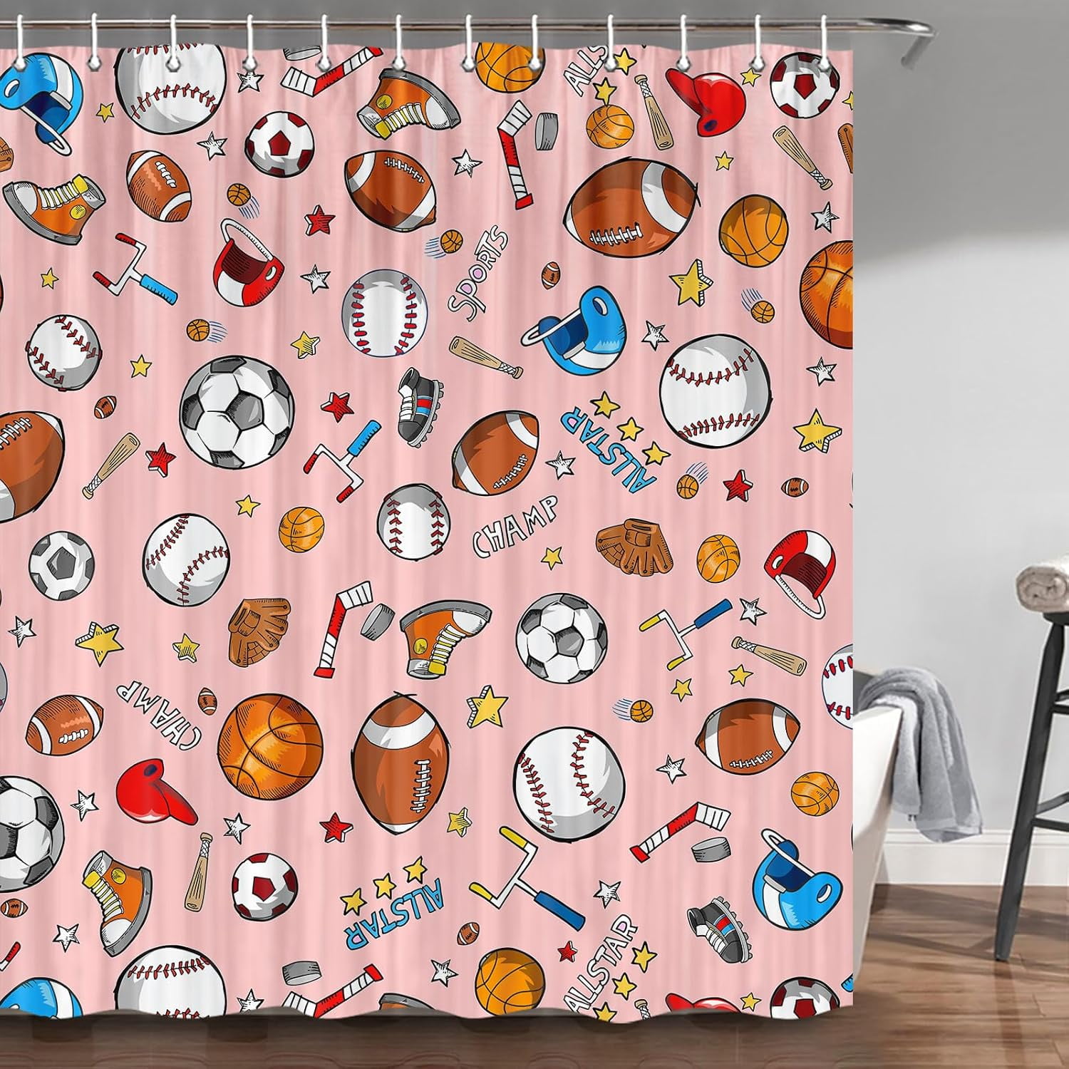 Sports Shower Curtain for Kids Children Teens, Basketball Football Baseball Hockey Star Pink Shower Curtain Sports Bathroom Decor, Fabric Baseball Shower Curtain Set with Hooks (72X84), Pink