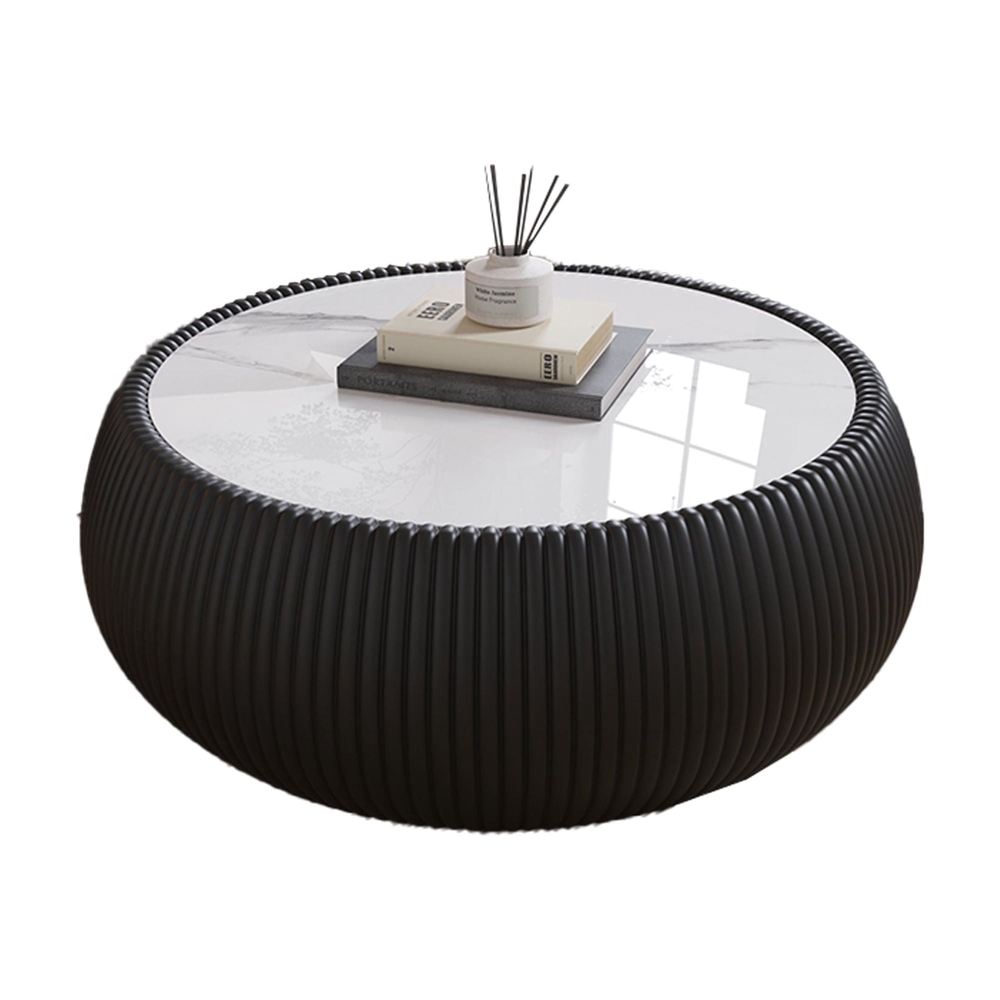 Noble House Simin 28" Drum Marble Top Coffee Table, Modern Leather Wrapped Accent Table, for Living Room, Black