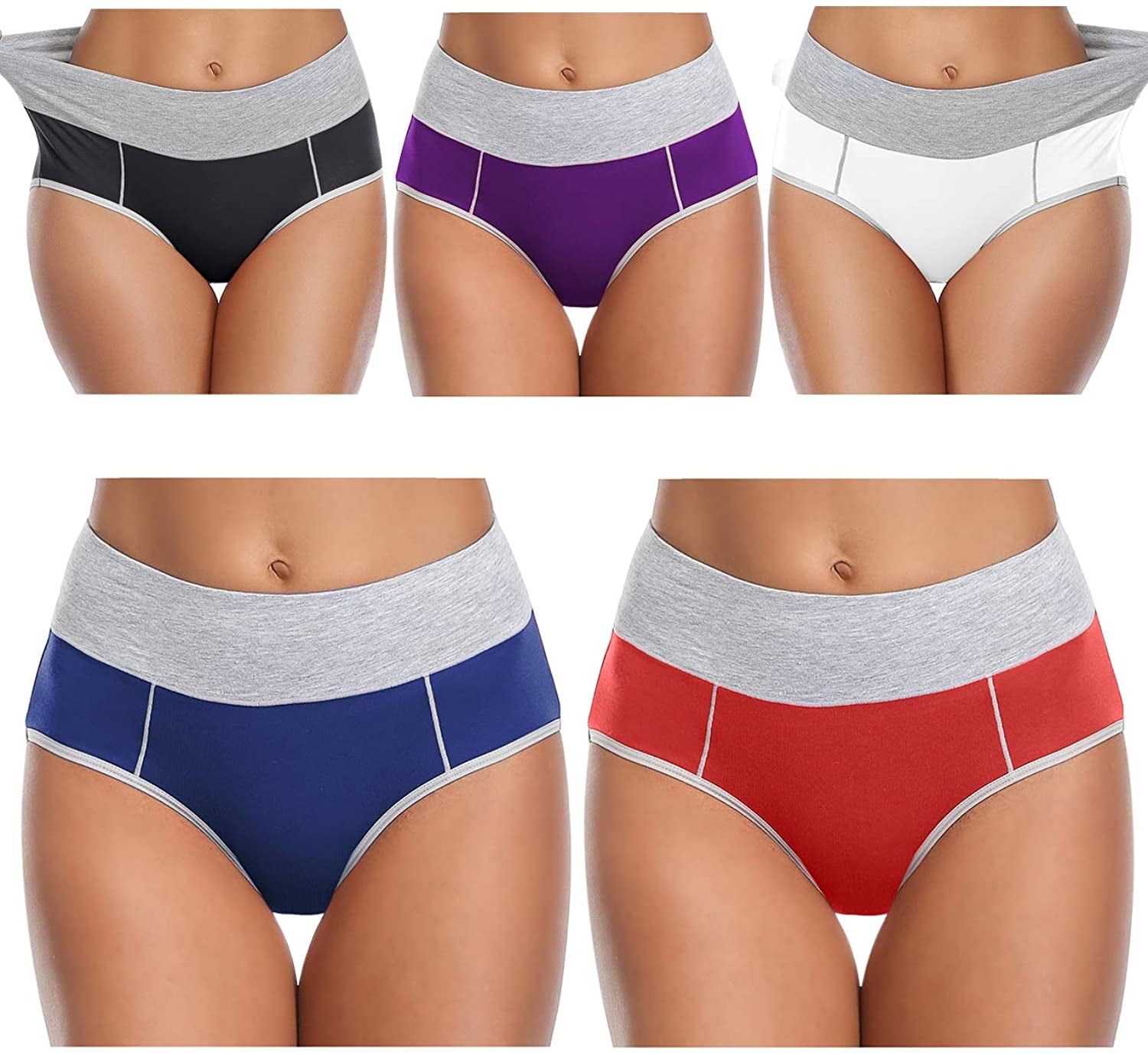 Women's Underwear High Waisted Cotton Panties Soft Stretch Breathable Briefs 5-Pack 