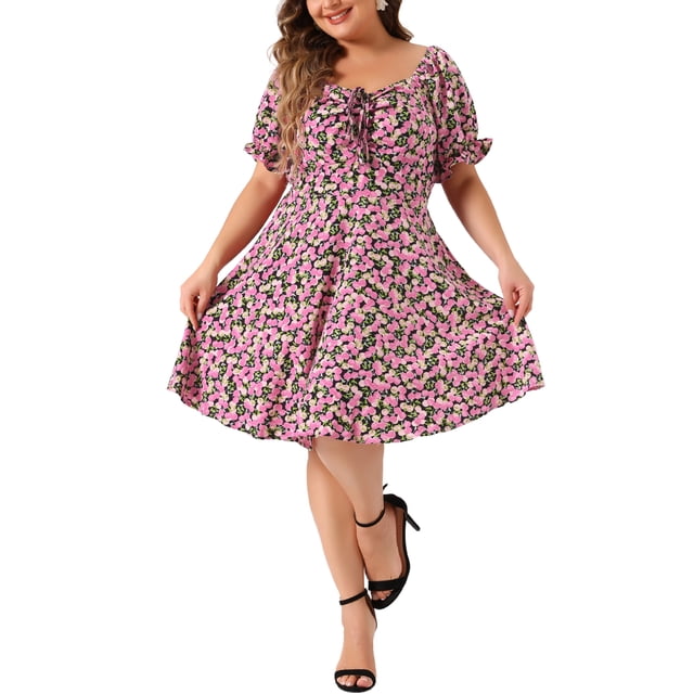 Vestido de Pascua de verano para mujer de tallas grandes Agnes Orinda, con escote corazón, mangas cortas abullonadas, lazo, midi y floral, 4X negro