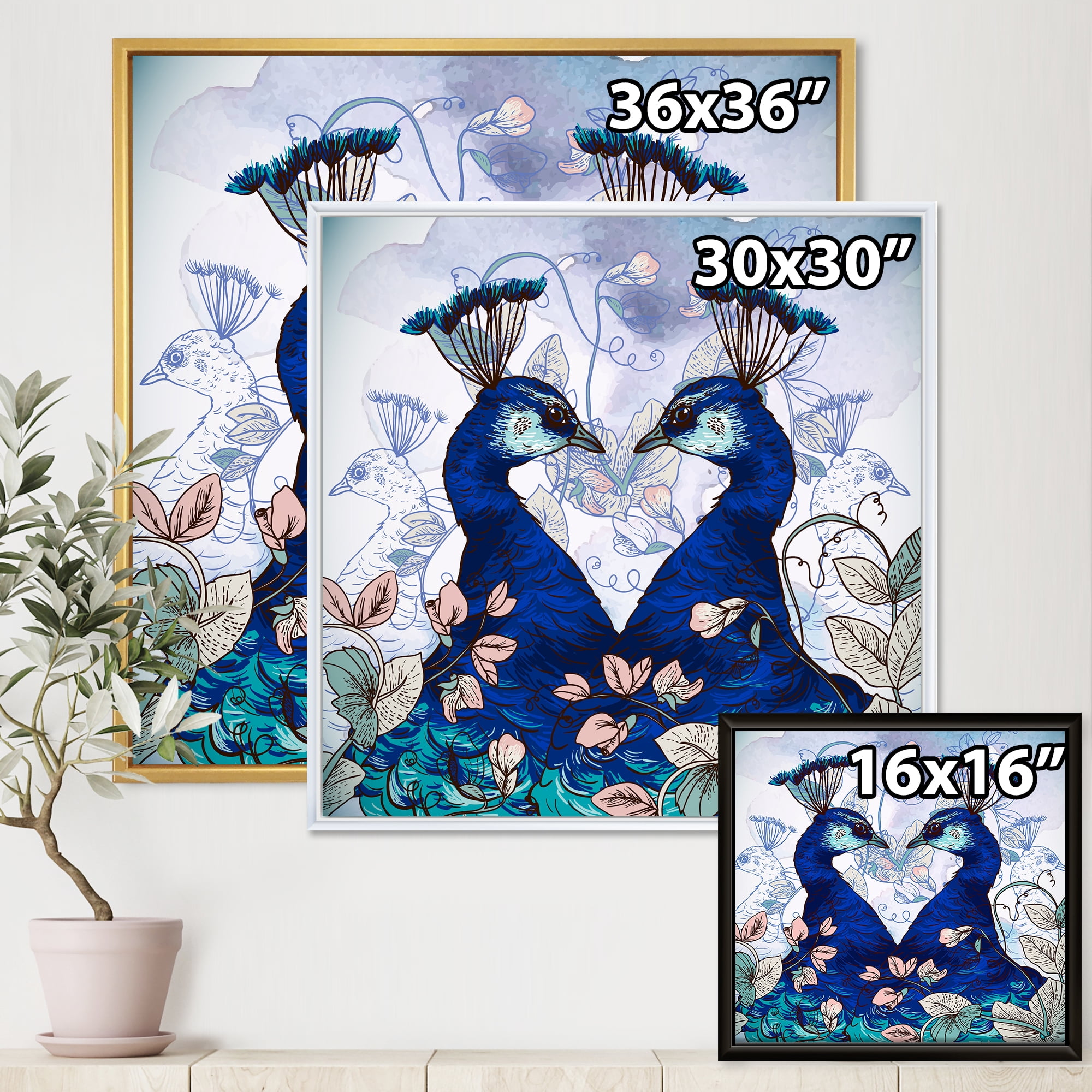 Designart 'Wildflowers With Two Blue Peacocks' Traditional Framed Canvas Wall Art Print
