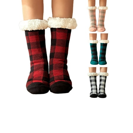 GuliriFei Winter Fuzzy Socks for Women Fleece-Lined Slipper Socks Fluffy Anti Slip Sherpa Lined Socks Indoor Christmas Socks