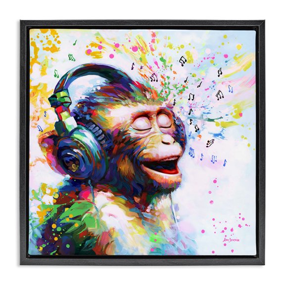 Stupell Industries Blissful Beats Monkey Animals & Insects Painting Black Floater Framed Canvas Art Print Wall Art, 18 x 18