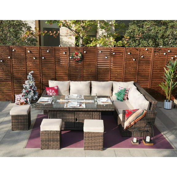 Direct Wicker Patio Furniture 8-Piece Rattan Sofa Set with Cushions and Gas Firepit Table