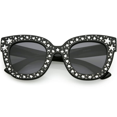 Oversize Star Rhinestones Cat Eye Sunglasses Wide Arms Square Lens 48mm (Black / Smoke)