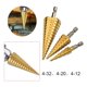 thumbnail image 3 of Juego de 3 brocas escalonadas HSS, 4-12 mm, 4-20 mm, 4-32 mm, broca cónica de titanio para madera y metal, vástago hexagonal, herramienta de cambio rápido., 3 of 4