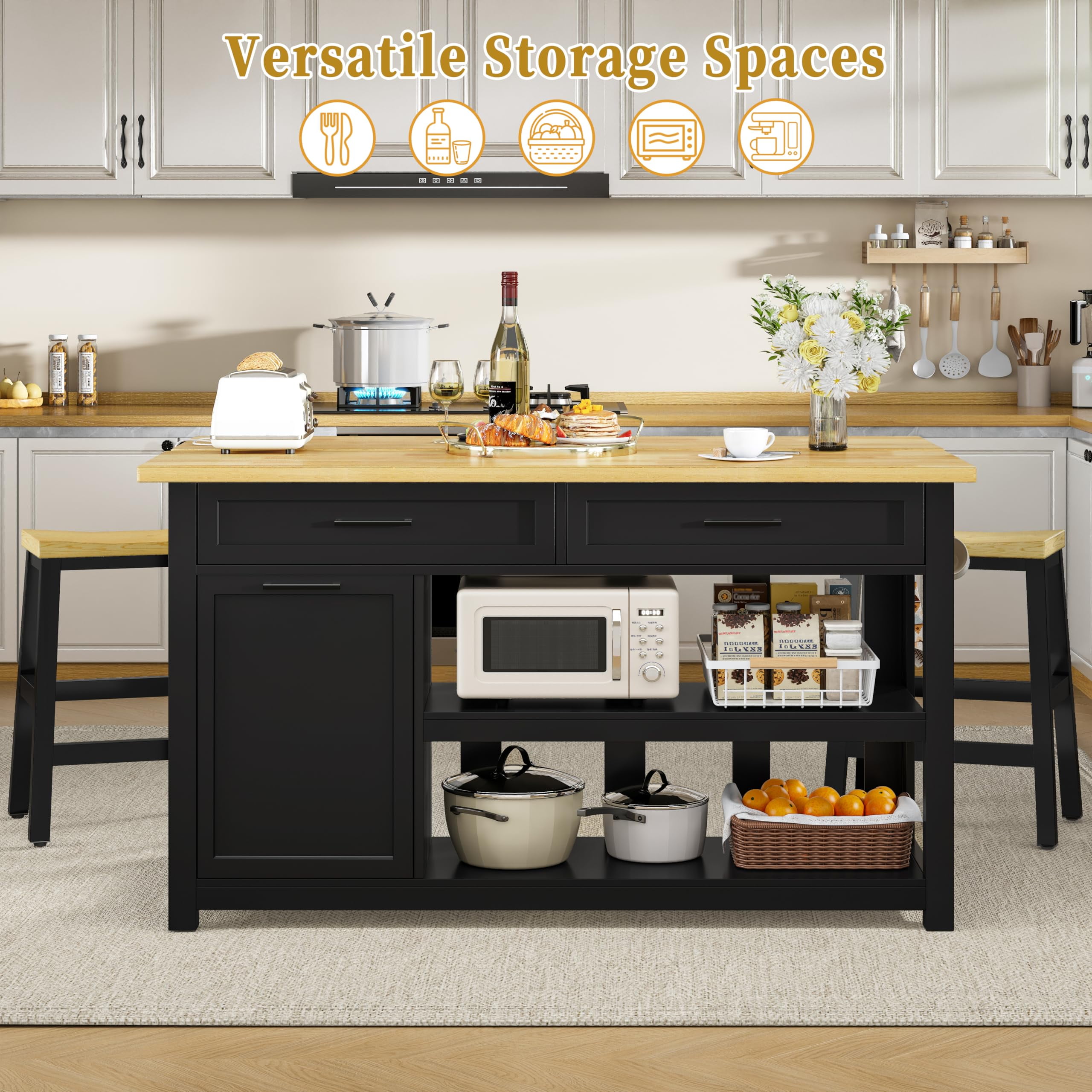 ChicZhiNest Kitchen Island with Seating Include 2 Stools, 47" Solid Rubberwood Dining Table with Power Outlet, 6 Hooks, Kitchen Bar Table Set with 2 Drawers & Open Shelves Storage Cabinet, Black