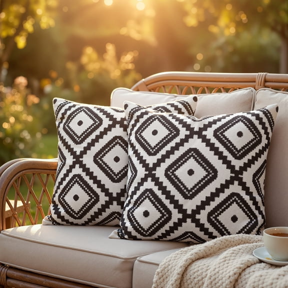 DecorX 2-Pack Weather Resistant 18x18 in Contemporary Outdoor Pillow Covers, Black & White Geometric