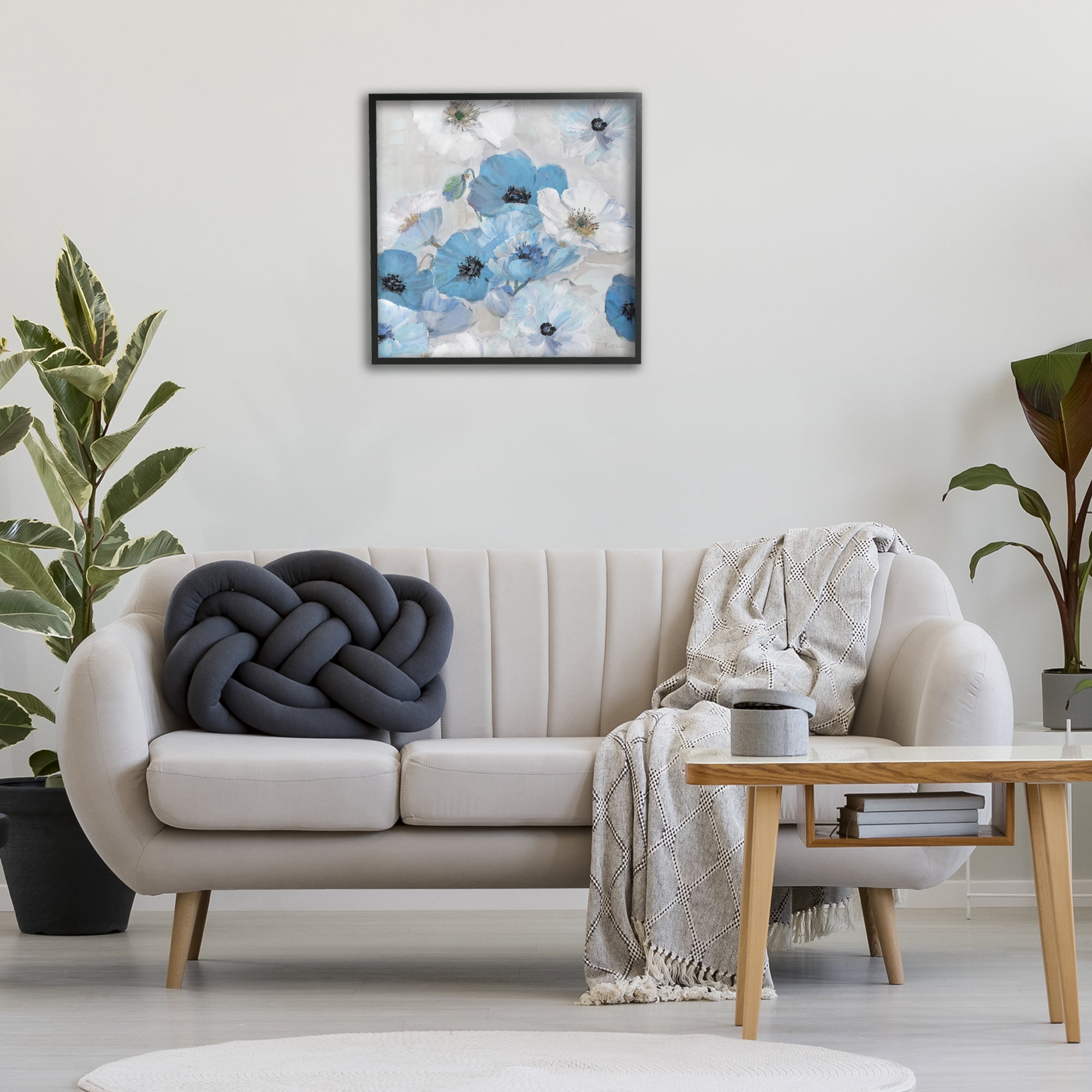 Stupell Industries Blue & White Flowers Plants & Flowers Painting Black Framed Art Print Wall Art, 24 x 24