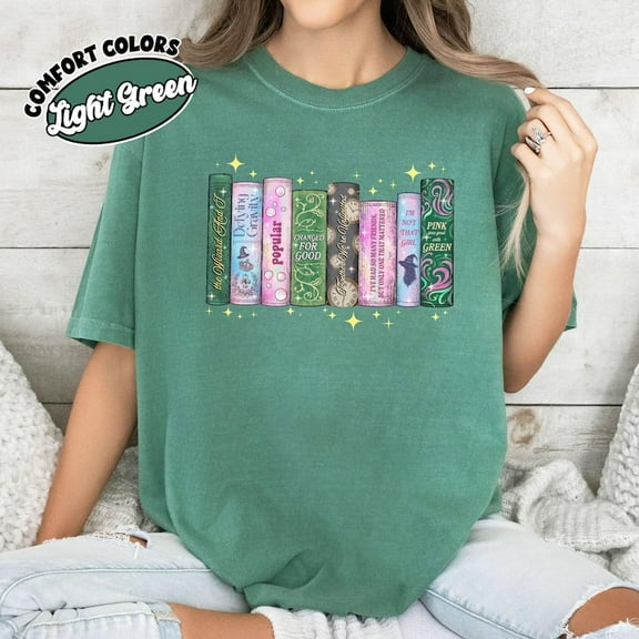 Wicked Book Shelf Tee | Light Green Vintage Graphic Shirt | Broadway-Inspired Pastel Book Stack Top