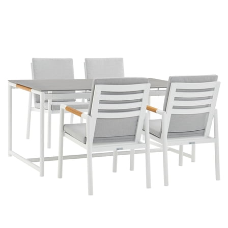 Homestock Coastal Craftsman 5 Piece Aluminum and Teak Outdoor Dining Set with Gray Fabric