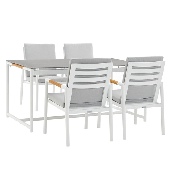 Homestock Coastal Craftsman 5 Piece Aluminum and Teak Outdoor Dining Set with Gray Fabric