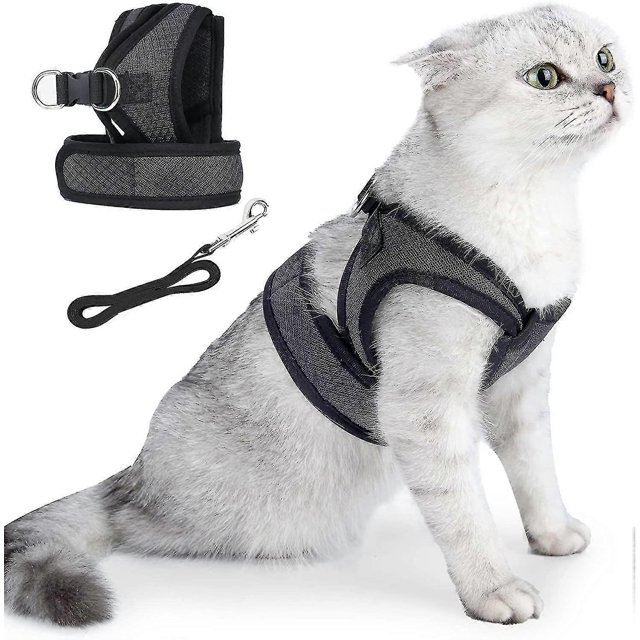 Arnés y correa para gatos para pasear, arnés ajustable y suave a prueba de fugas para gatos, chaleco para exteriores ligero y transpirable de fácil control, M, negro