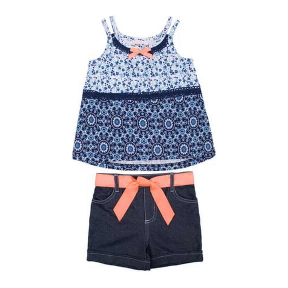 Little Lass Infant Girls Blue Floral Gauze Top & Knit Denim Shorts Set 12m