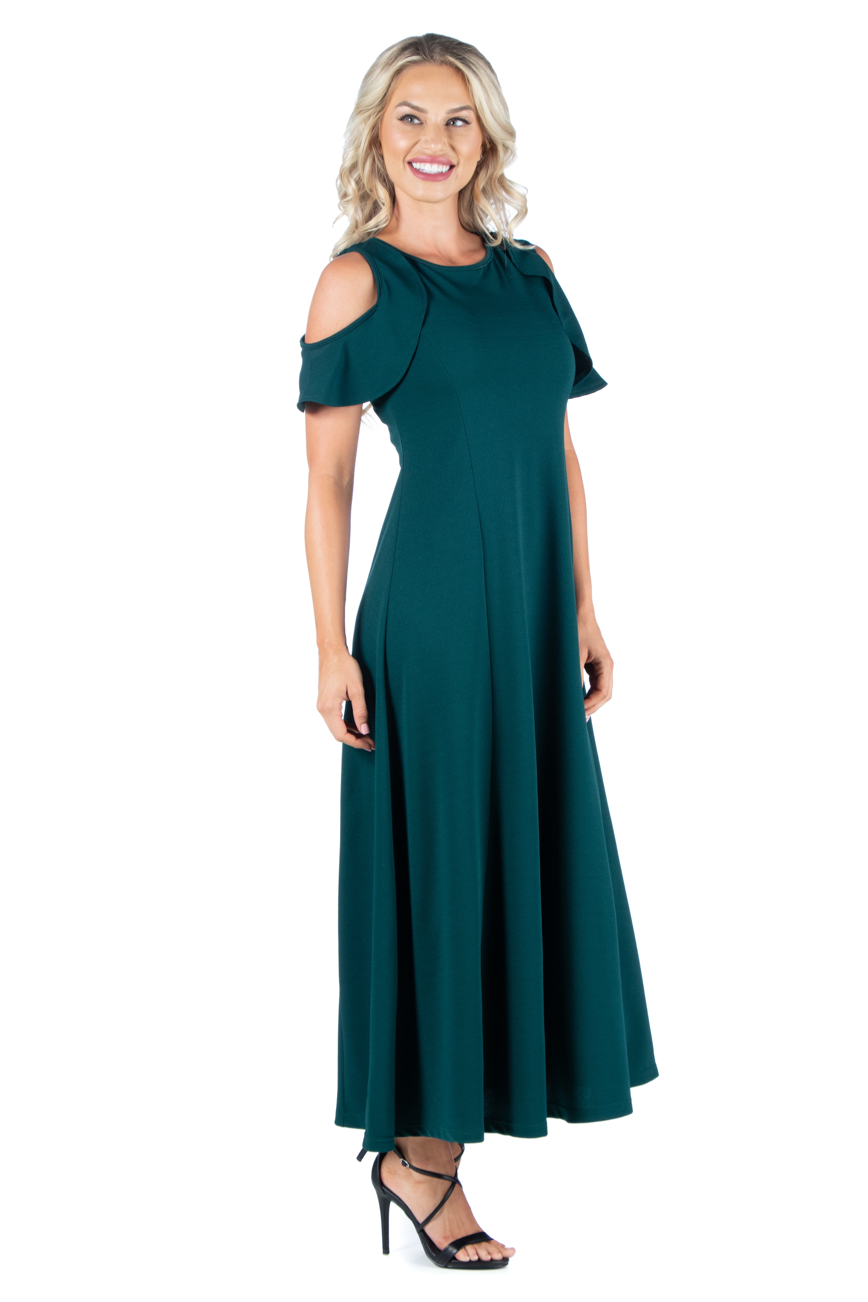 24/7 Comfort Apparel Women's Ruffle Cold Shoulder A Line Maxi Dress