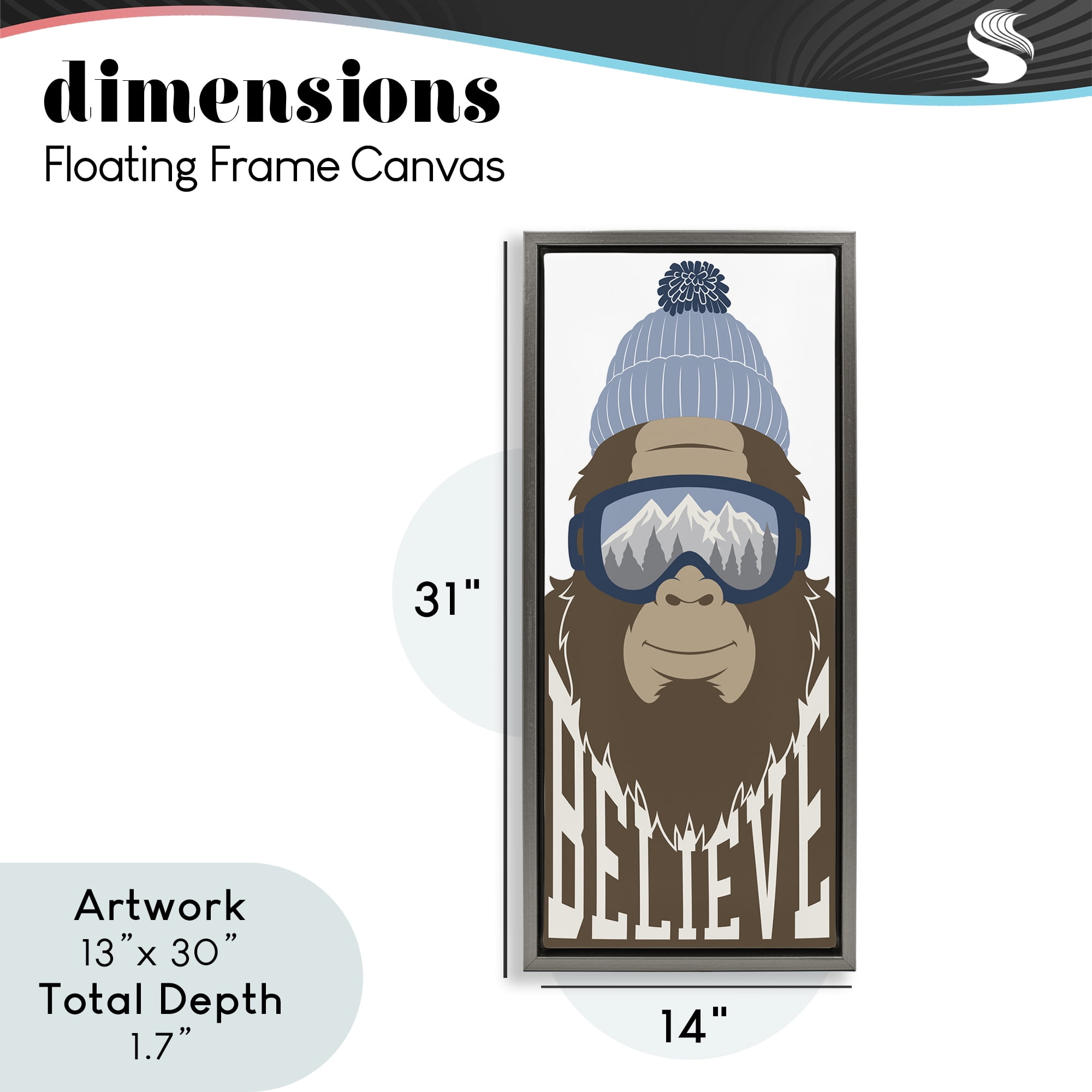 Believe Winter Bigfoot Gray Framed Floater Canvas Wall Art, design by Marcus Prime