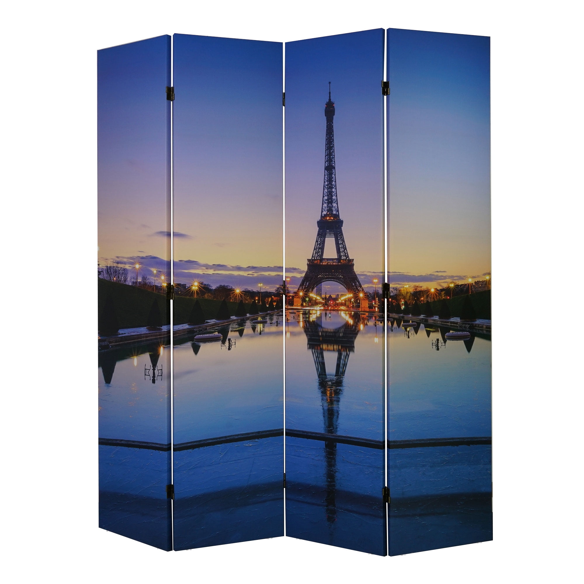 American Art Decor Double-Sided Paris Eiffel Tower, Arc de Triomphe Canvas Portable Dressing Room Divider Screen, 4 Panels, 70" H x 63" L x 1" D