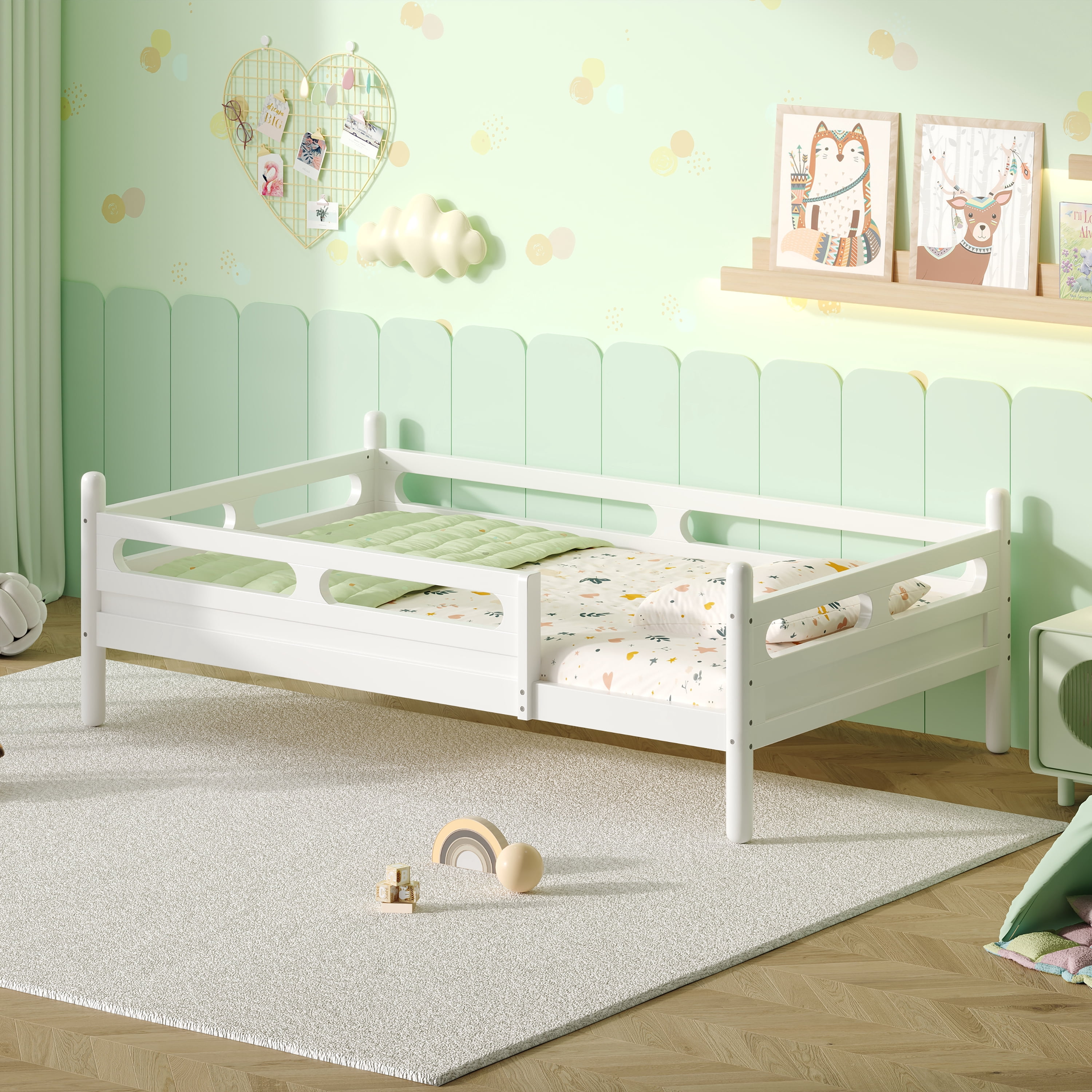 Euroco Wood Twin Size Platform Bed, Low Profile Bed with Guardrails and Slats Support, White