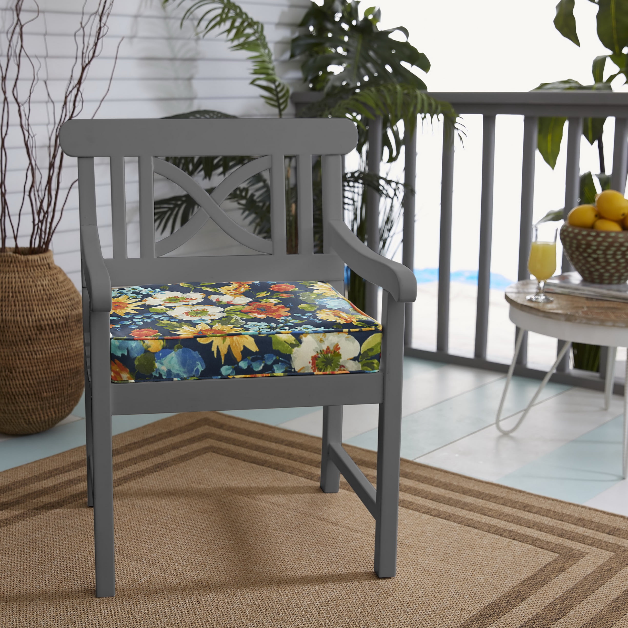 Sorra Home Blue Floral Outdoor Cushion with Corded Edge