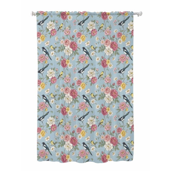 Sheer Curtains 63 Inch Length, Spring Red Floral Semi Sheer Curtains Light Filtering Window Treatment, Daiy Birds Farmhouse Blue Botanical Privacy Voile Drapes for Living Room Bedroom 52x63 Inch