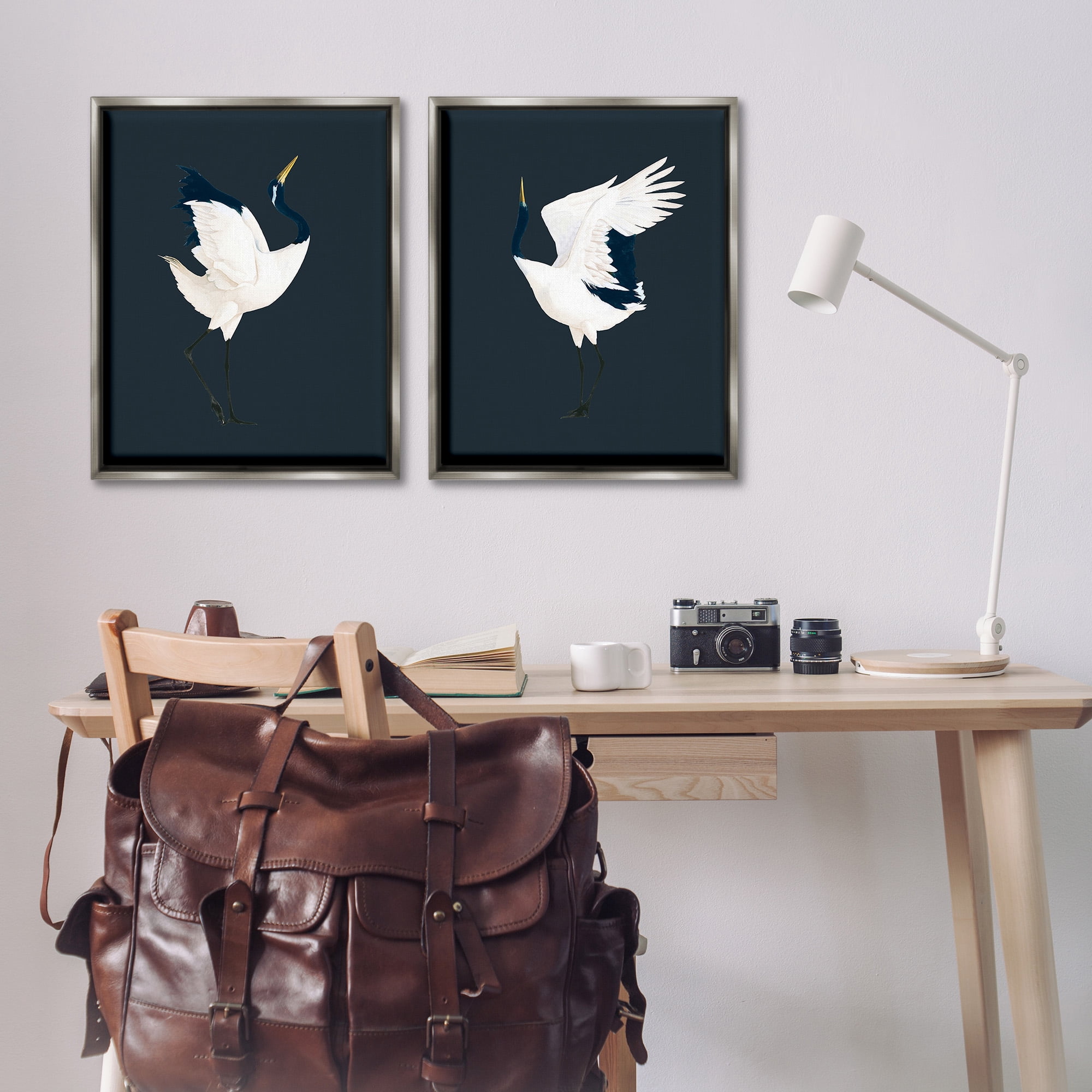 Stupell Industries Traditional Cranes Dance Animals & Insects Painting Gray Floater Framed Canvas Art Print Wall Art, 25 x 31, Set of 2