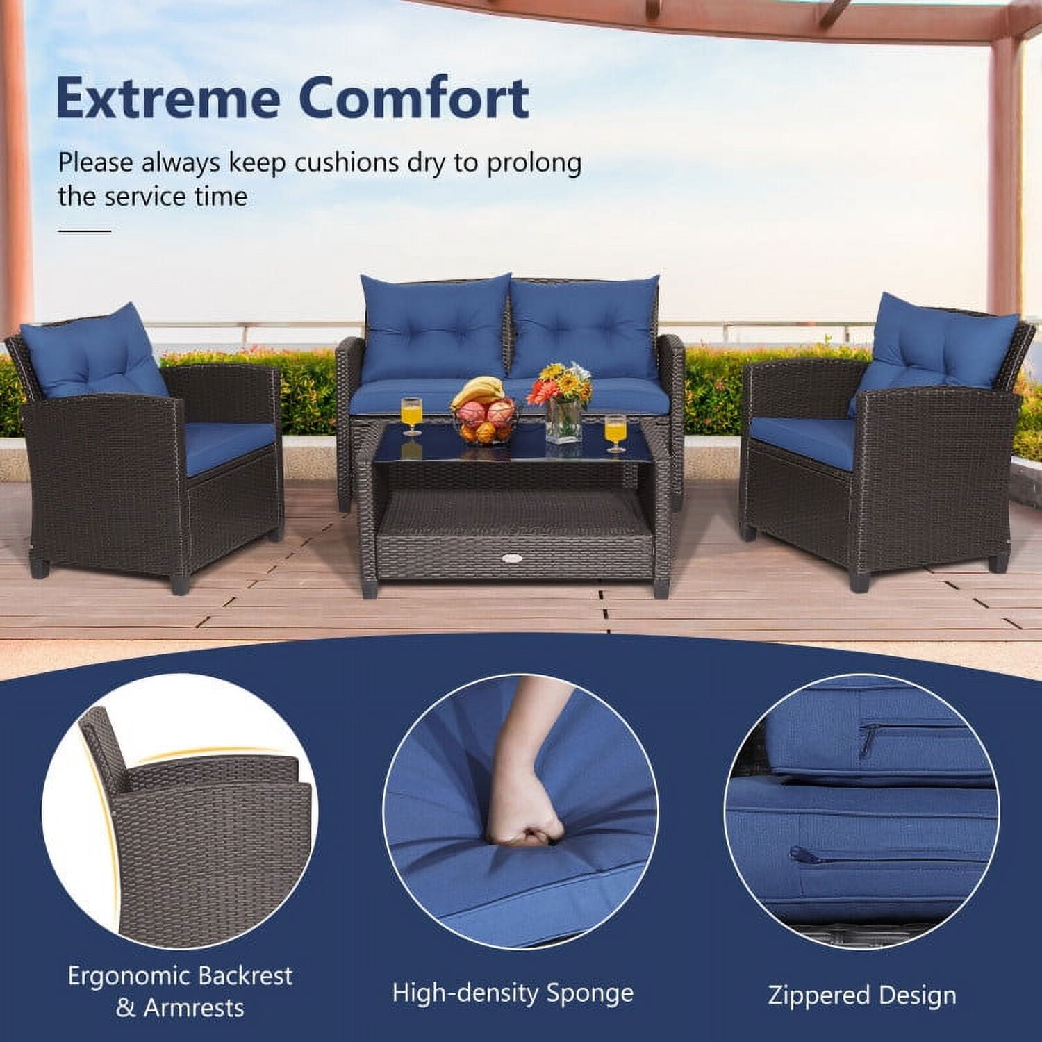 Aimee Lii 4 Pieces Wicker Patio Furniture Set with Tempered Glass Coffee Table, Wicker Outdoor Sectional, Navy Aimee Lii 4 Pieces Wicker Patio Furniture Set with Tempered Glass Coffee Table, Wicker Outdoor Sectional, Navy