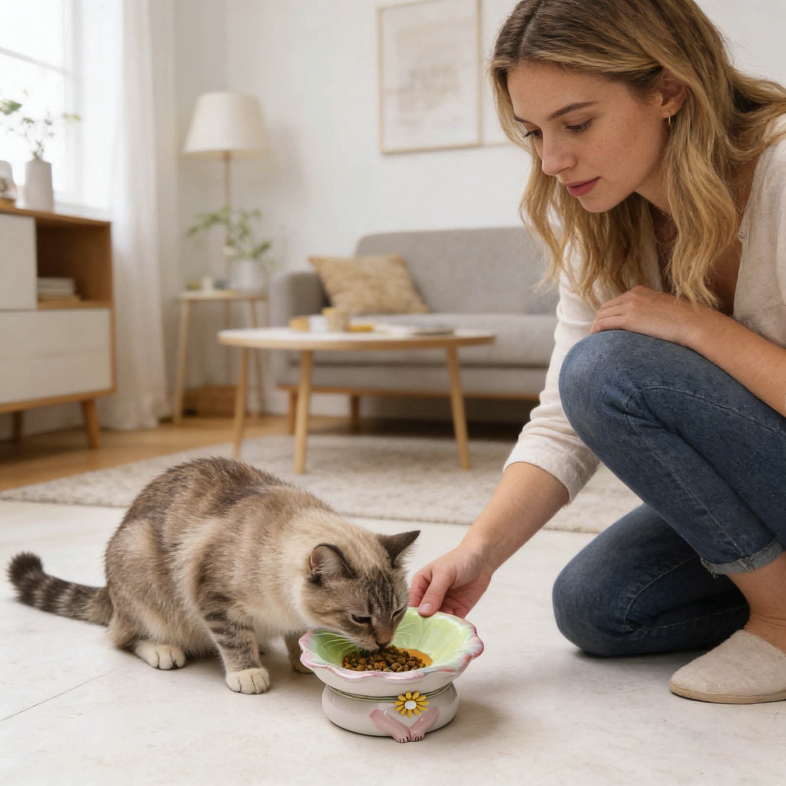 FTsdfkl Tilted Cat Bowl 15Â° - Ceramic Elevated Pet Food Dish, Elevated Floral Pattern,Non- Base for Cats/Dogs,Shallow Design,Anti Vomiting & Protect Pet's Spine