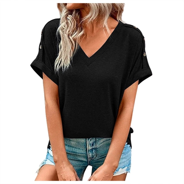Timegard Tops for Women V Neck Short Sleeve Button Comfy Summer Casual Loose Tops Tee Solid Color