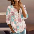 thumbnail image 2 of Women's Patchwork Floral 3/4 Sleeve Blouse - V-Neck Button Down Boho Tunic Top, Lightweight Casual Loose Fit Shirt for Spring Summer Pink L, 2 of 6
