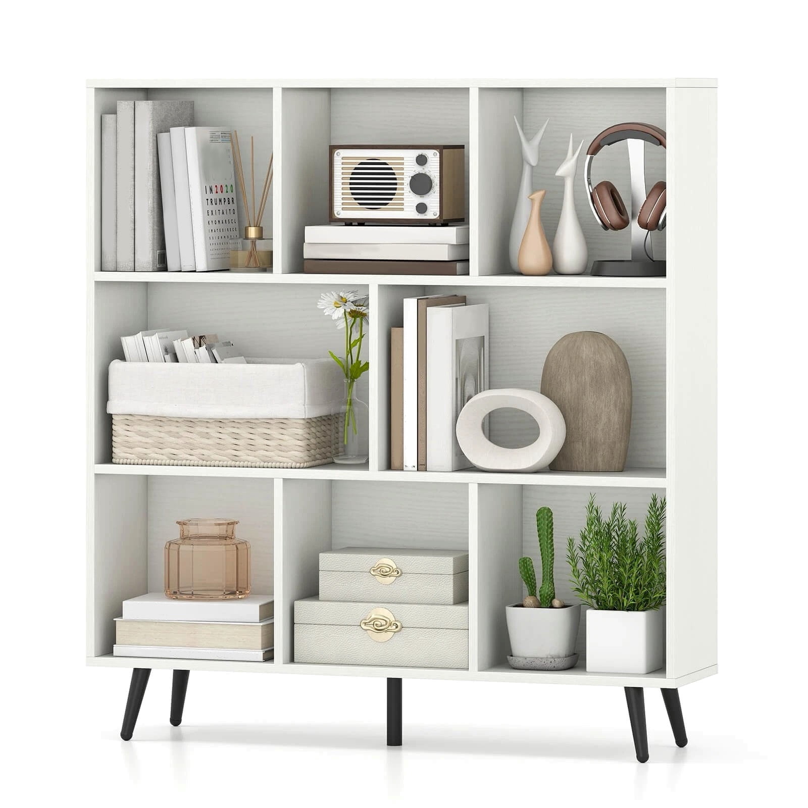 Auranook 8 Cube Bookcase 3-Tier Modern Storage Organizer with 5 Metal Legs Bookshelves