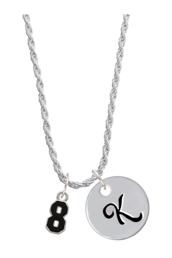 Silvertone Black Number - 8 Silvertone Script Initial Disc - K - Charm Necklace, 20"+3"