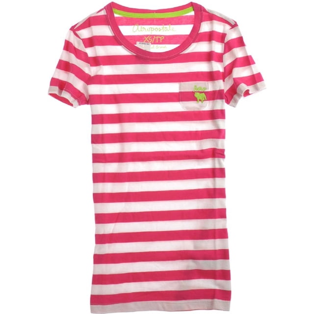 Playera gráfica Aeropostale con bolsillo de Bulldog a rayas para mujer rosa extra pequeña