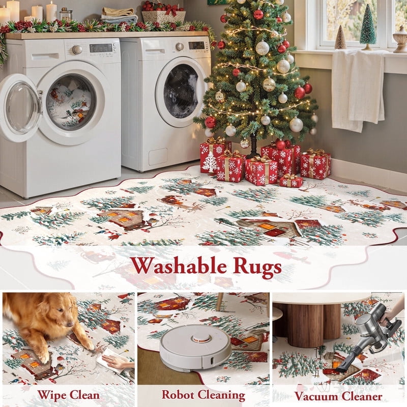 Wonnitar Christmas Runner Rugs, 2x6 Beige Kitchen Rug Washable Non Slip, Soft Ultra-Thin Christmas Tree Santa Claus Holiday Decor Runner Carpet for Hallway Bathroom Bedside